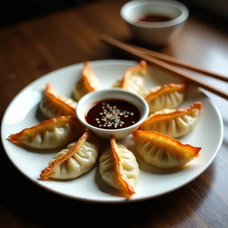 Plato blanco con gyozas japonesas de cerdo y col rellena doradas por la base, servidas con salsa de sésamo espesa y semillas de sésamo negro y blanco espolvoreadas. Receta en sartén con textura crujiente y relleno jugoso.