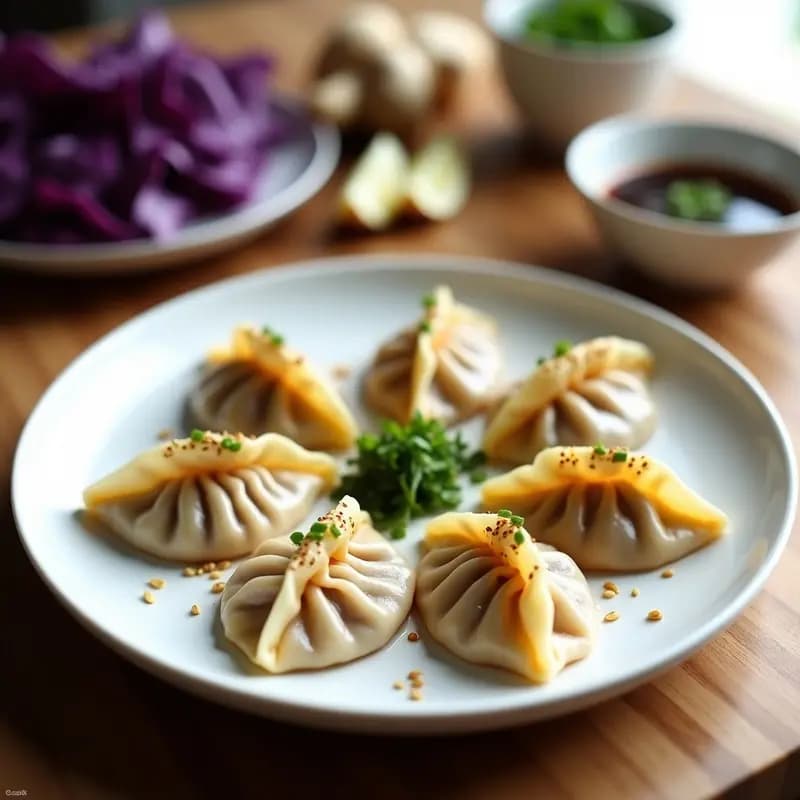 Gyozas de col morada y cerdo al vapor dispuestos en una vaporera de bambú, con obleas translúcidas y relleno jugoso. Acompañados de un bol pequeño con salsa de sésamo cremosa y semillas de sésamo espolvoreadas. Plato japonés light y colorido.
