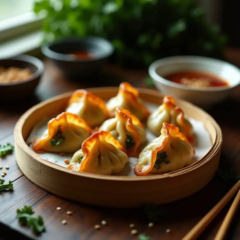 Gyozas dorados y crujientes de col rizada y shitake en una fuente de bambú, servidos con salsa ponzu brillante y semillas de sésamo, receta japonesa en airfryer.
