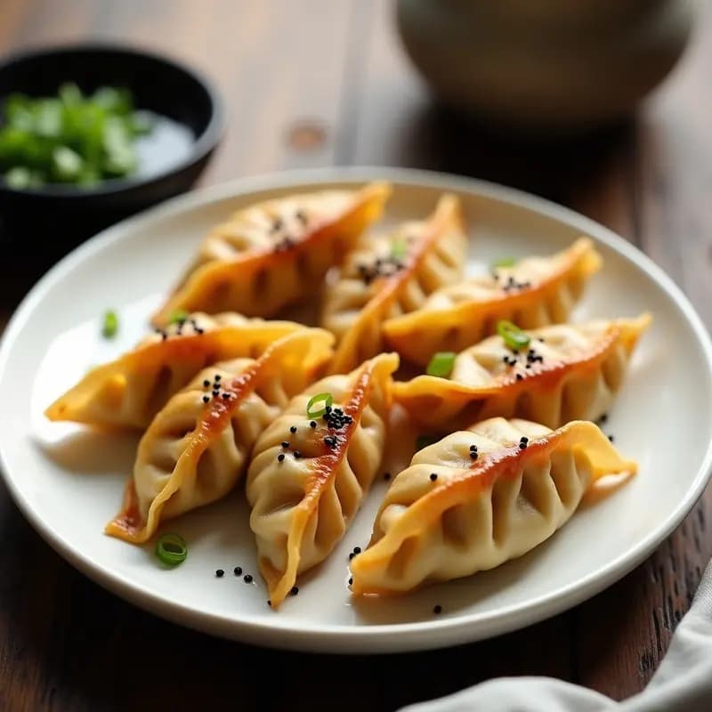 Gyozas dorados y crujientes de coliflor y jengibre en airfryer, con pliegues clásicos y semillas de sésamo negro, servidos en plato blanco con salsa tamari oscura y cebollino picado.