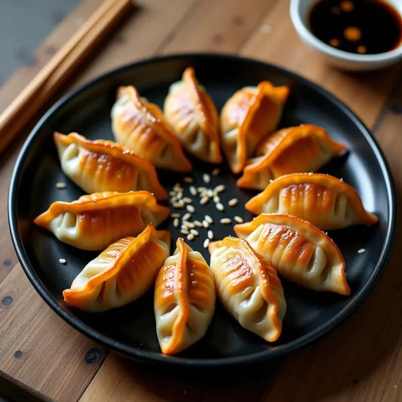 Gyozas dorados y crujientes de champiñones portobello y cebolla caramelizada, servidos en un plato de cerámica negra con semillas de sésamo y salsa de soja al lado. Receta japonesa en airfryer.