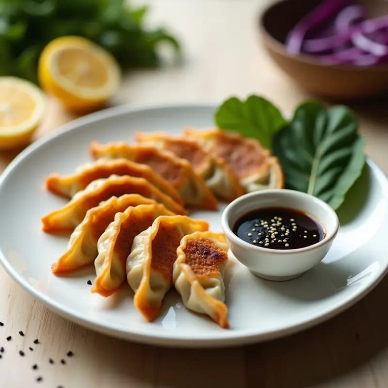 Plato blanco con gyozas de repollo morado y tofu doradas y crujientes, servidas con salsa de sésamo espesa y semillas de sésamo negro. Fondo minimalista con hojas de cilantro fresco y rodajas de cebolla morada.