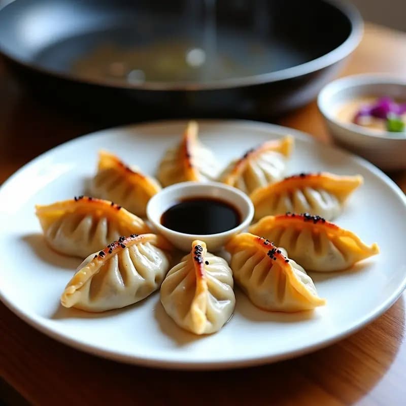 Plato blanco con gyozas veganos de repollo morado y tofu ahumado, dorados y crujientes, dispuestos en círculo con semillas de sésamo negro espolvoreadas. Sartén antiadherente al fondo con restos de cocción. Receta japonesa vegana en sartén antiadherente.