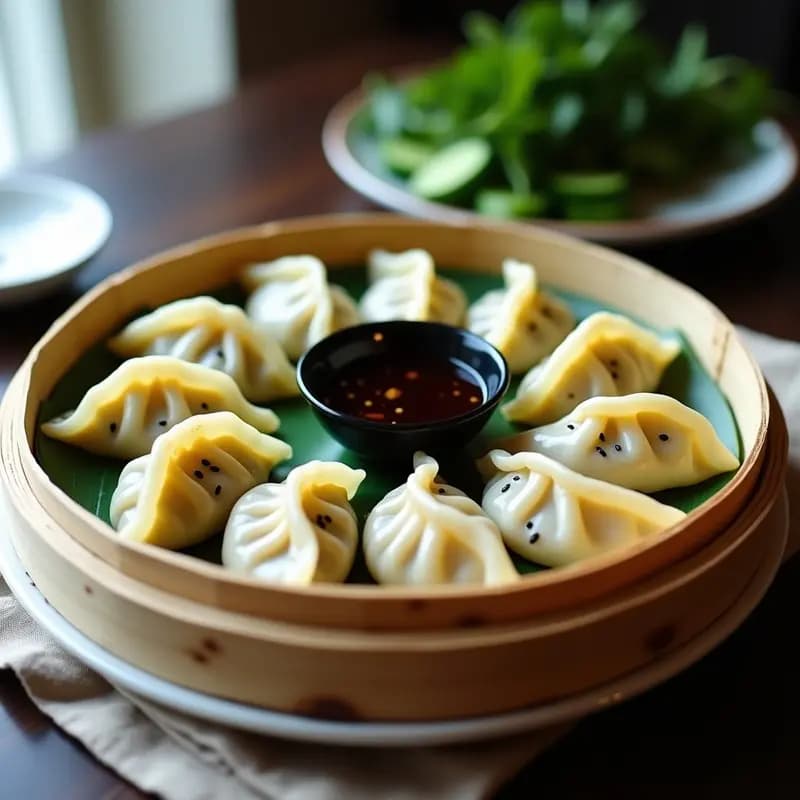 Plato blanco con gyozas de repollo y tofu al vapor, dispuestas en círculo con salsa de soja y jengibre en un bol pequeño al centro, espolvoreadas con semillas de sésamo negro y acompañadas de rodajas de pepino.