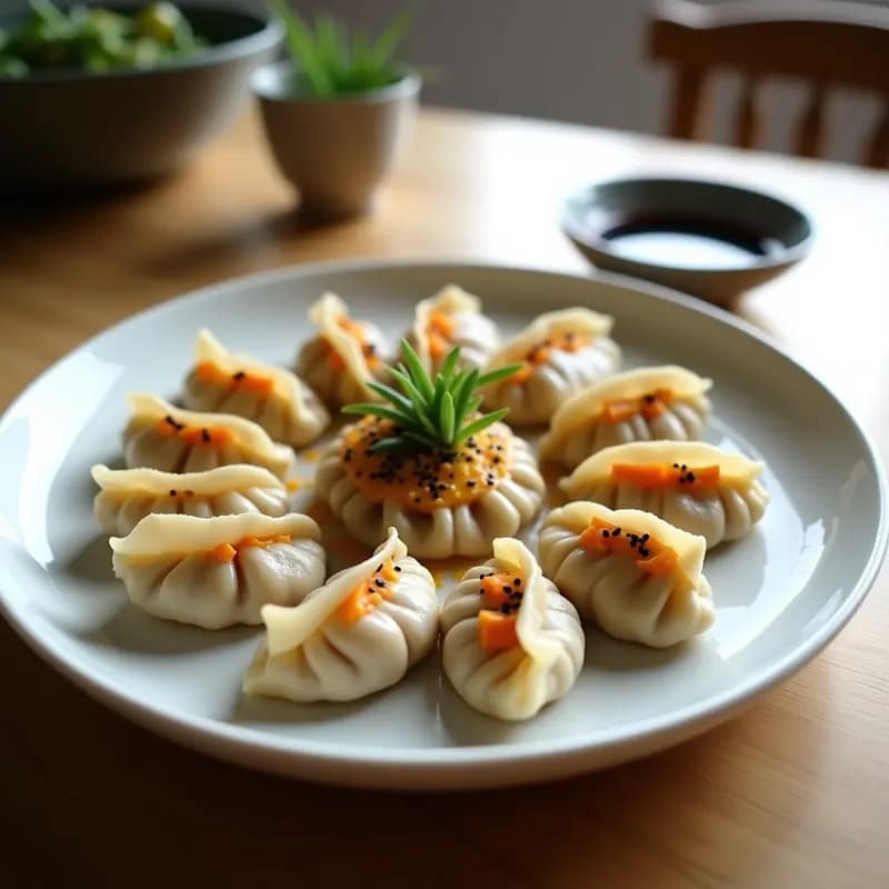 Plato blanco con gyozas de repollo morado y zanahoria amarilla al vapor, dispuestas en círculo con semillas de sésamo negro espolvoreadas y salsa de tamari al lado, receta japonesa vegana baja en calorías.