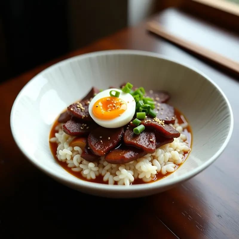 Bol de cerámica blanca con gyudon de ternera y cebolla caramelizada sobre arroz japonés, decorado con huevo en hilos, semillas de sésamo y cebollino fresco. Plato tradicional japonés humeante y apetitoso.