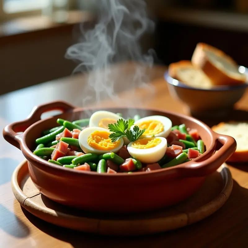 Cazuela de barro humeante con habas tiernas, taquitos de jamón serrano y huevo duro en cuartos, decorada con perejil fresco. Plato tradicional de primavera español, servido en mesa rústica con pan a un lado.