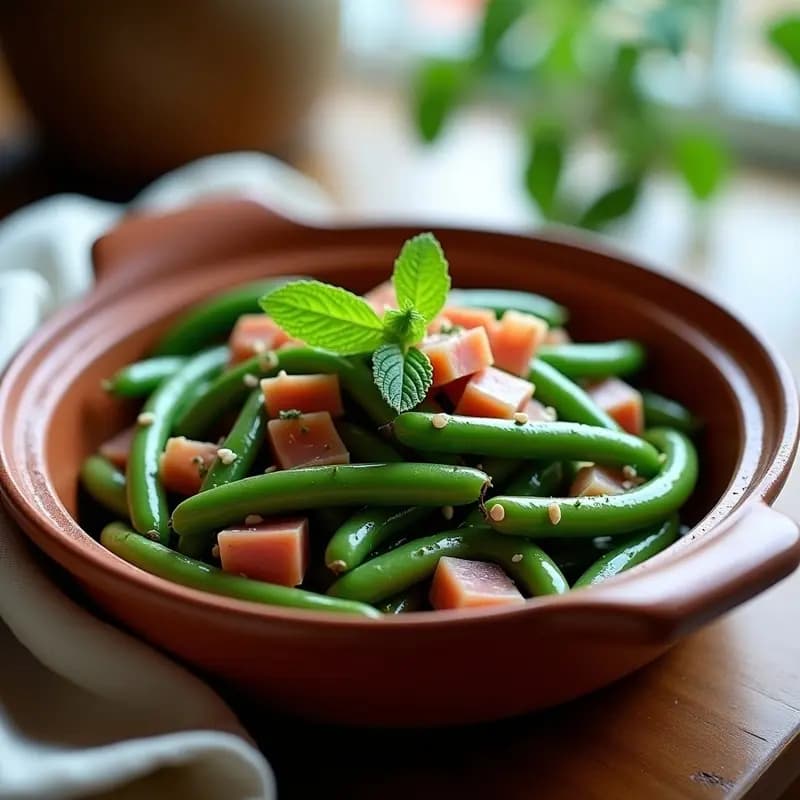 Plato rústico de habas tiernas salteadas con taquitos de jamón serrano y hojas de mintz fresco, típico de la cocina navarra de primavera. Las habas brillantes y verdes contrastan con el jamón dorado y el verde intenso del mintz, servido en una cazuela de barro sobre fondo de madera.