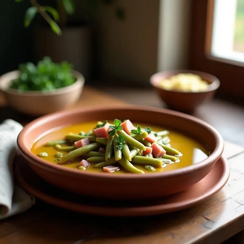 Plato hondo de barro con habas con jamón en olla exprés, receta extremeña tradicional. Las habas tiernas y verdes bañadas en un caldo dorado con trozos de jamón serrano y perejil fresco espolvoreado. Fondos rústicos de madera y servilleta de lino.