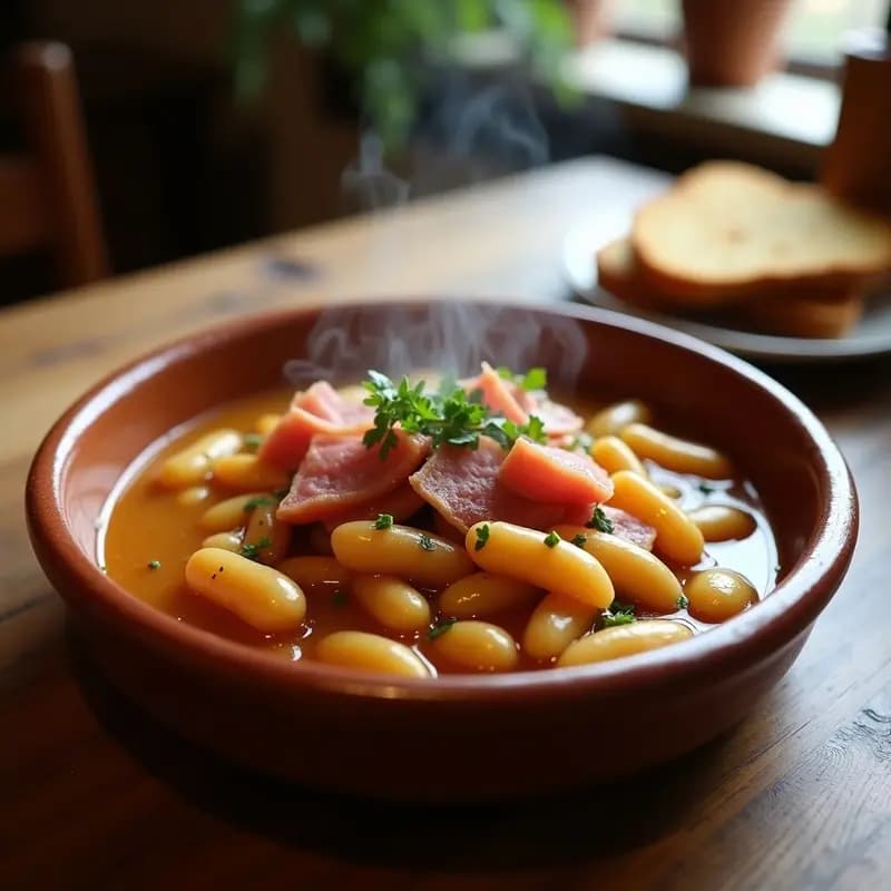 Plato hondo de barro con habas estofadas en salsa espesa, trozos de jamón serrano y perejil fresco espolvoreado. Receta tradicional andaluza de habas con jamón serrano en olla exprés.