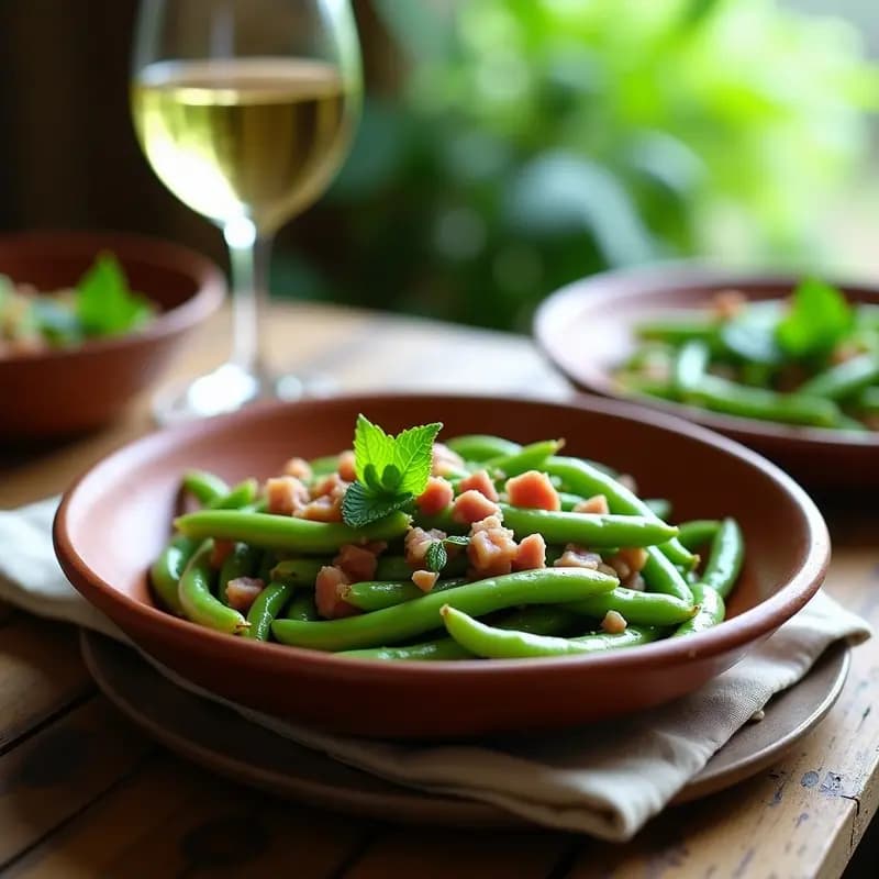 Plato hondo de barro con habas tiernas guisadas, taquitos de jamón serrano y hojas de menta fresca, receta de primavera alta en proteína.