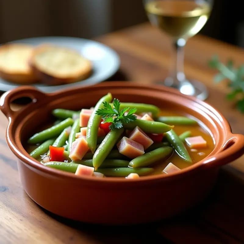 Cazuela de barro humeante con habas tiernas verdes y taquitos de jamón serrano, receta andaluza tradicional con toque salado, decorada con perejil fresco.