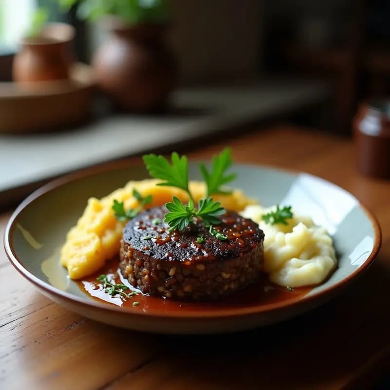 Plato tradicional escocés vegano con haggis vegetariano en rodajas doradas, acompañado de puré de nabos cremoso y patatas aplastadas con margarina. Receta de haggis vegetariano con neeps y tatties en olla lenta.