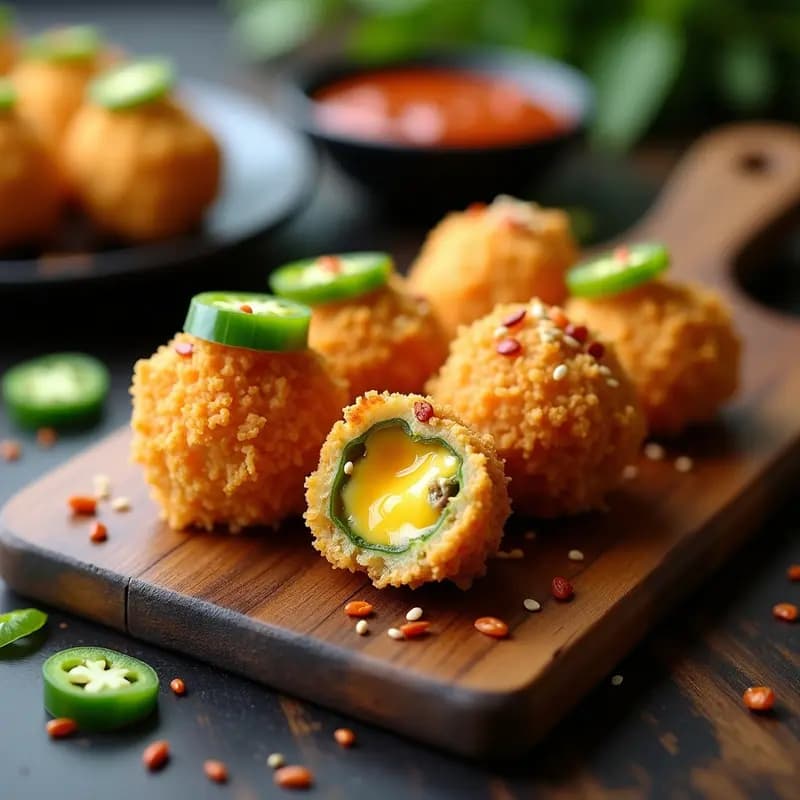 Hallapeño Poppers dorados y crujientes rellenos de queso vegano de anacardos y tocino de tempeh ahumado, servidos en una tabla de madera con salsa picante chipotle para mojar. Aperitivo vegano, picante y perfecto para compartir.