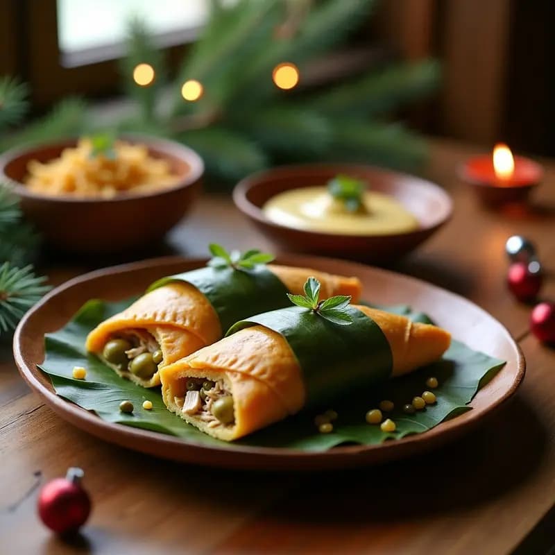 Hallacas Venezolanas de Pollo y Aceitunas sin gluten envueltas en hoja de plátano, servidas en un plato de madera rústico con guasacaca al lado. Receta navideña tradicional adaptada sin gluten.