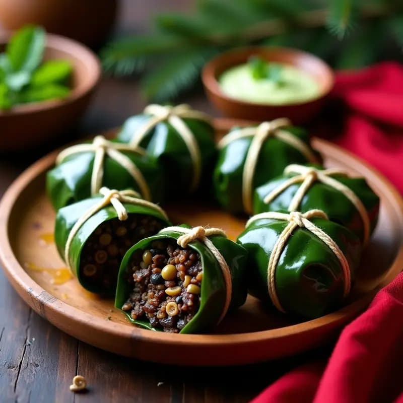 Hallacas venezolanas veganas con relleno de champiñones portobello y shiitake, envueltas en hojas de plátano y atadas con hilo, servidas en un plato de barro con decoración de almendras y cilantro fresco.