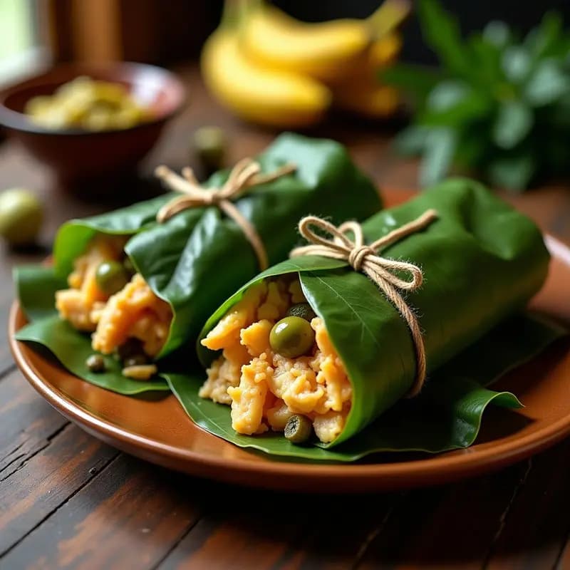 Hallacas venezolanas navideñas sin gluten, envueltas en hojas de plátano, con relleno de pollo desmenuzado, aceitunas y alcaparras, servidas sobre hoja de bijao.
