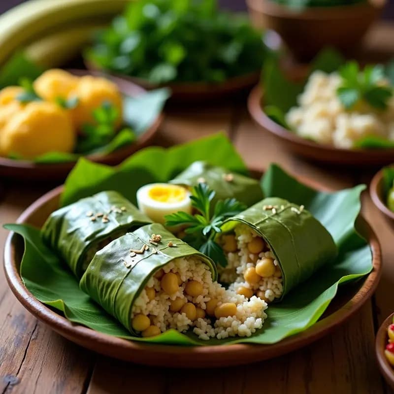 Hallacas venezolanas tradicionales envueltas en hojas de plátano, abiertas para mostrar el relleno de pollo desmenuzado, arroz amarillo, aceitunas verdes y huevo duro, servidas en un plato rústico de barro.