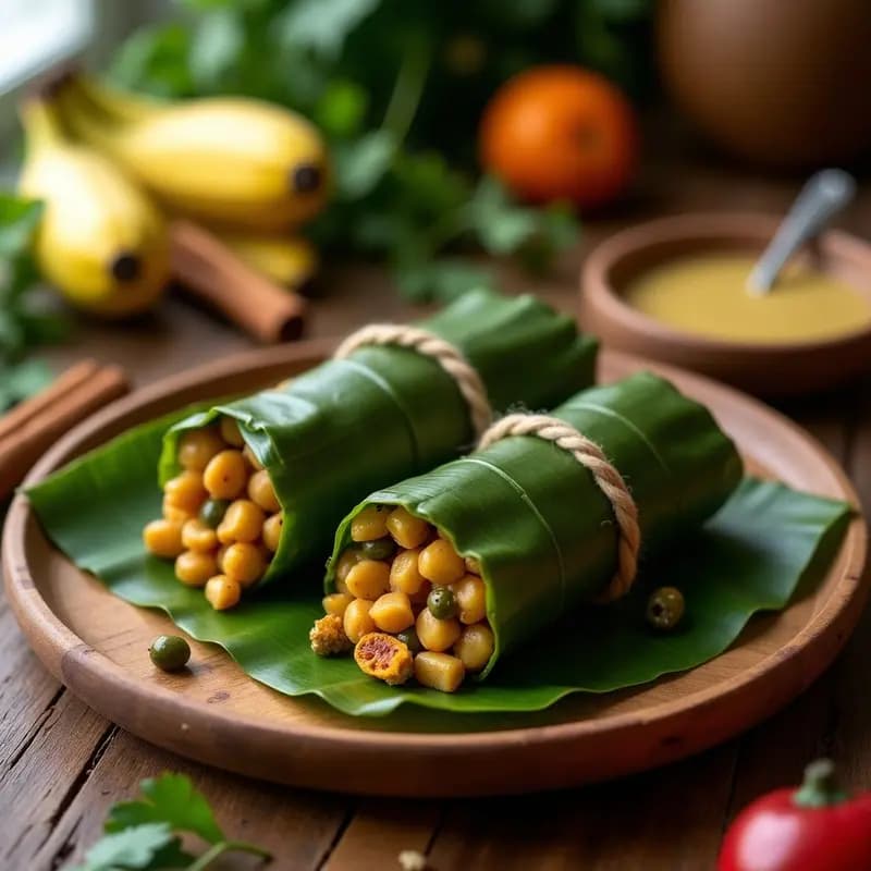 Hallacas veganas navideñas venezolanas envueltas en hojas de plátano, rellenas de garbanzos especiados, pasas y aceitunas, servidas en una fuente de madera con decoración de cilantro fresco.