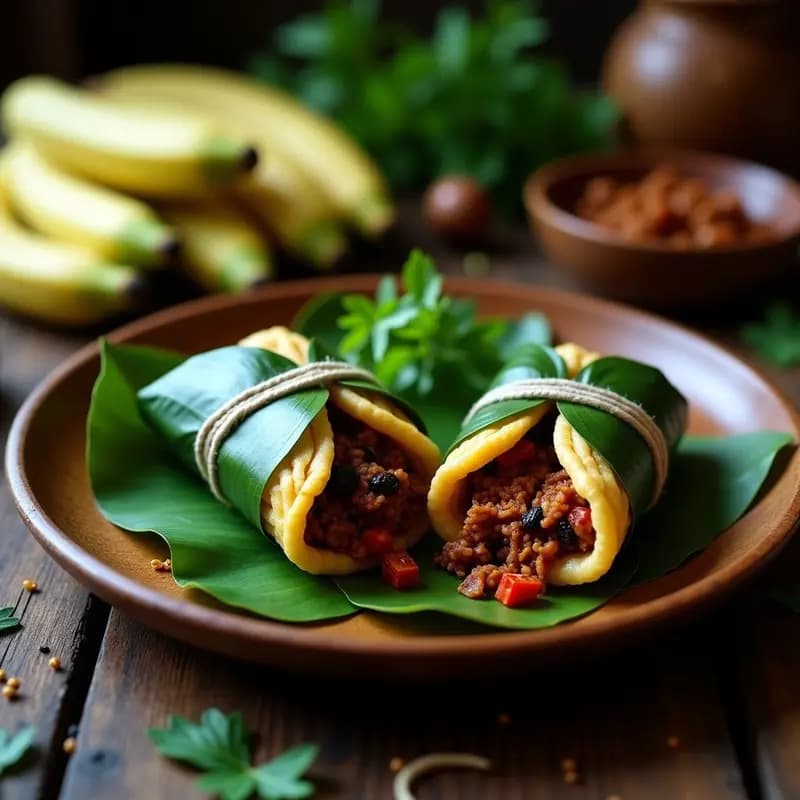 Hallacas venezolanas veganizadas con jackfruit desmenuzado, envueltas en hojas de plátano y atadas con hilo, servidas en un plato de madera rústico con un fondo de hojas verdes.