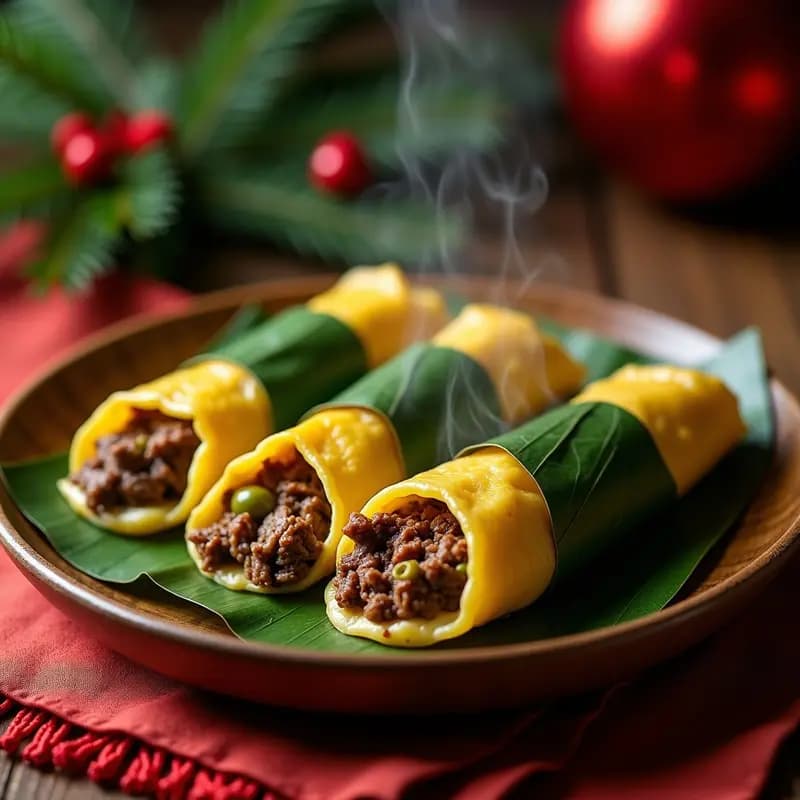 Hallacas venezolanas tradicionales envueltas en hojas de plátano, abiertas para mostrar la masa amarilla y el guiso de carne con aceitunas y pasas, sobre un mantel rústico de Navidad.