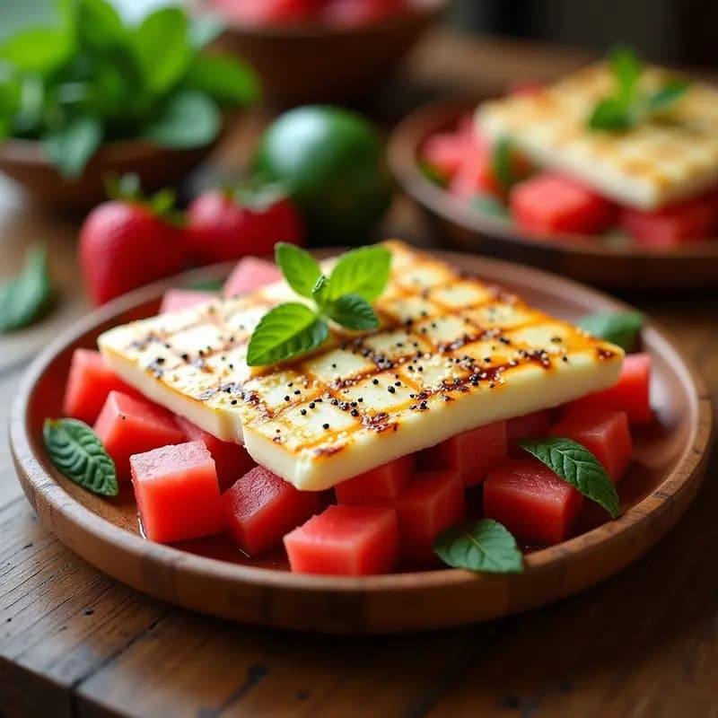 Plato rústico de madera con rodajas doradas de Halloumi a la parrilla sobre una ensalada de cubos de sandía roja y hojas de menta fresca, decorado con semillas de sésamo y un hilo de aceite de oliva, aperitivo chipriota veraniego.