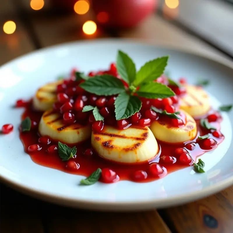 Plato blanco con rodajas doradas de halloumi a la parrilla, cubiertas con salsa vibrante de granadas y semillas, decorado con hojas de menta fresca, sobre fondo rústico de madera.