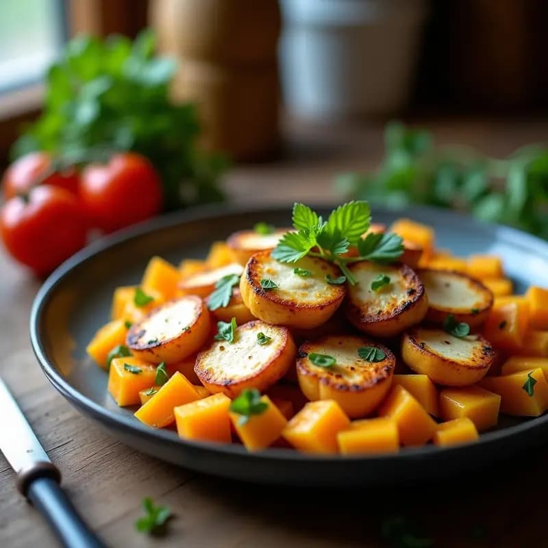 Ensalada chipriota dulce-salada con láminas doradas de queso halloumi a la parrilla, gajos de melocotón caramelizados, rúcula fresca, almendras tostadas y aliño brillante de vinagre de granada y miel de romero en un plato blanco rústico.