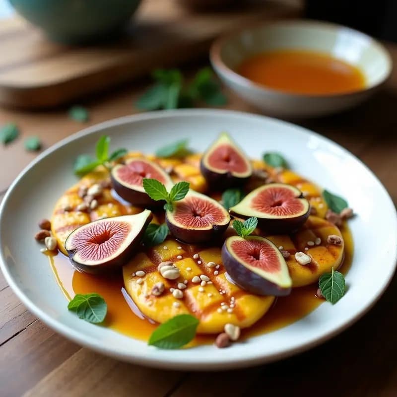 Plato blanco rústico con rodajas doradas de halloumi a la parrilla, higos frescos abiertos en abanico, bañados en miel de tomillo y espolvoreados con semillas de sésamo, decorado con hojas de menta. Receta chipriota en airfryer sin aceite.