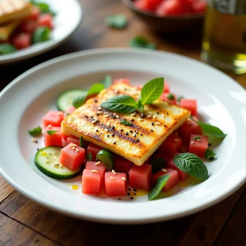 Plato blanco con rodajas doradas de queso halloumi a la plancha sobre una ensalada fresca de cubos de sandía roja, pepino verde y hojas de menta. Decorado con semillas de sésamo y un hilo de aceite de oliva. Receta chipriota sin gluten y vegetariana.