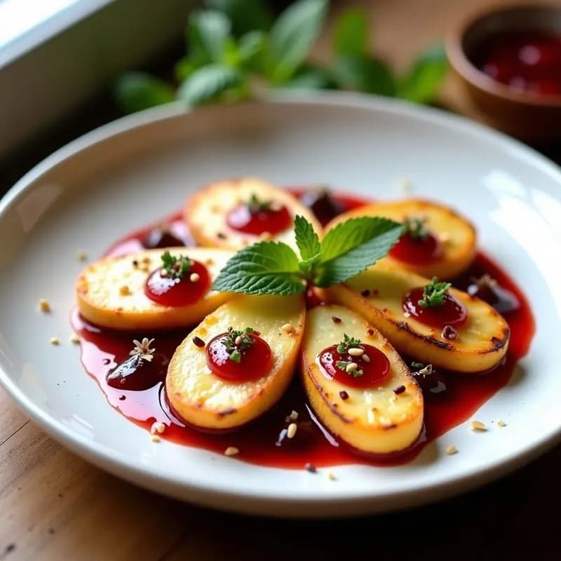 Plato blanco con rodajas doradas de queso Halloumi a la plancha, bañadas en salsa vibrante de granadina y menta, espolvoreadas con semillas de sésamo y decoradas con hojas de menta fresca. Aperitivo chipriota listo en 10 minutos.