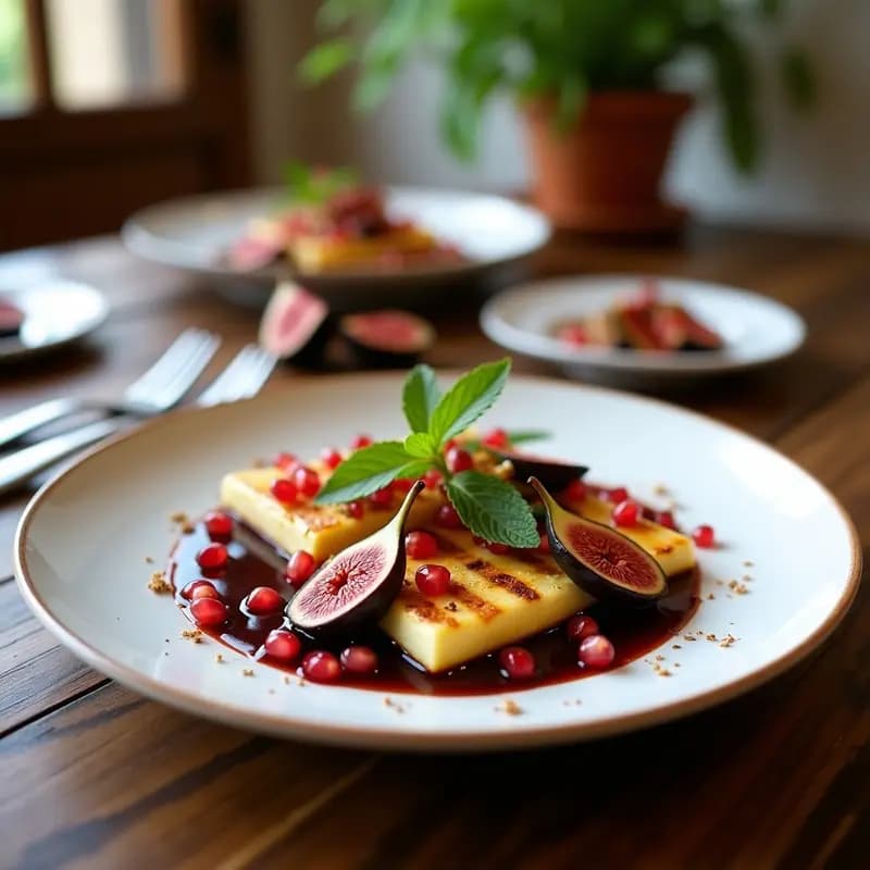 Plato blanco elegante con rodajas doradas de Halloumi a la plancha, higos frescos abiertos en abanico, reducción brillante de granadina, semillas de granada, pimienta rosa y hojas de menta. Entrante chipriota gourmet.