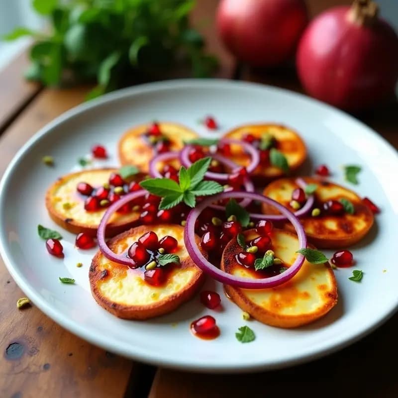 Plato blanco con rodajas doradas de halloumi vegano a la plancha, cubiertas con melaza de granado brillante, semillas de granado rojas, cebolla morada en juliana, pistachos verdes y hojas de menta fresca. fondo rústico con textura de madera.