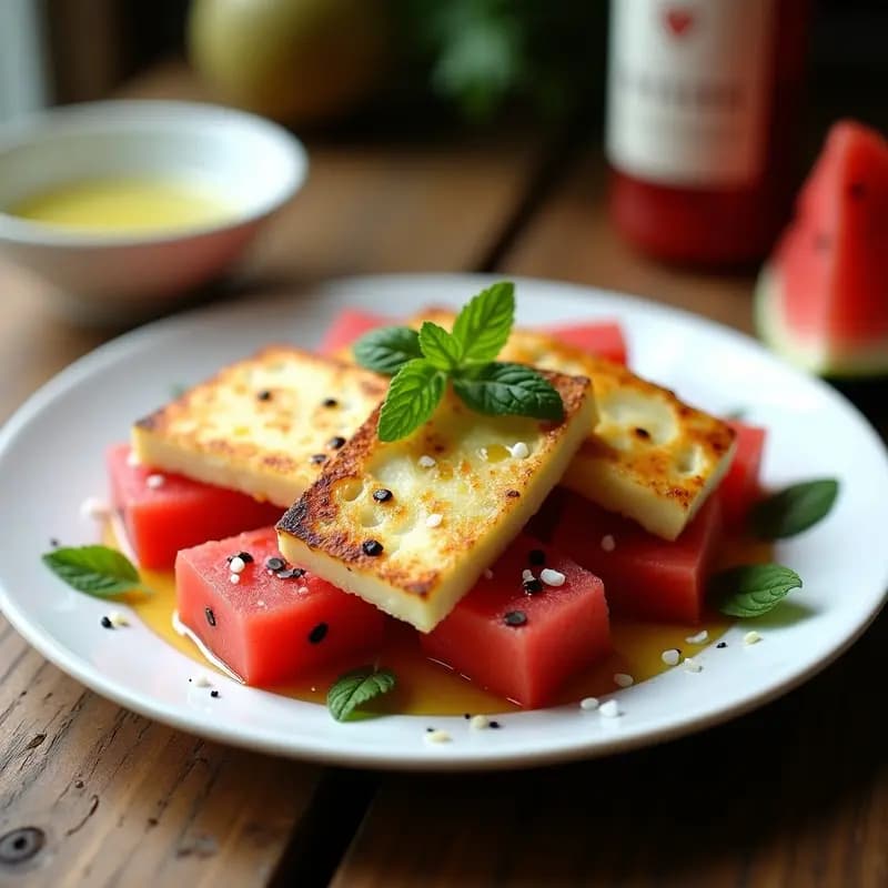 Plato blanco alargado con láminas doradas de queso Halloumi a la plancha, cubos de sandía roja fresca y hojas de menta verde esparcidas. Rocíado con semillas de sésamo y vinagreta brillante, sobre fondo rústico de madera. Entrante chipriota fresco y sin cocinar.