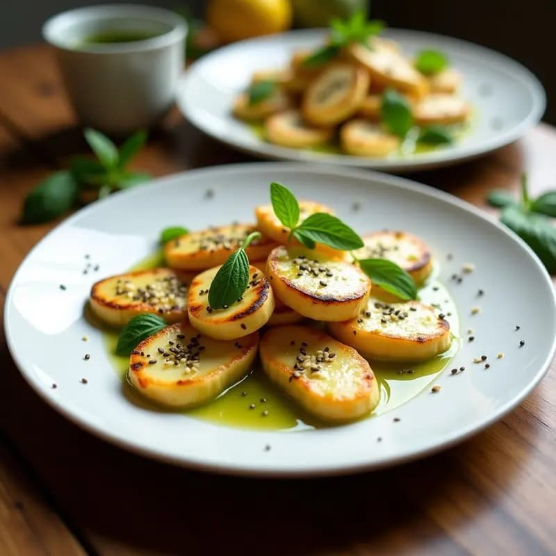 Plato blanco con láminas doradas de queso halloumi a la plancha, bañadas en una vinagreta brillante de limón y menta, decoradas con semillas de sésamo y hojas de menta fresca. Entrante griego sin gluten.