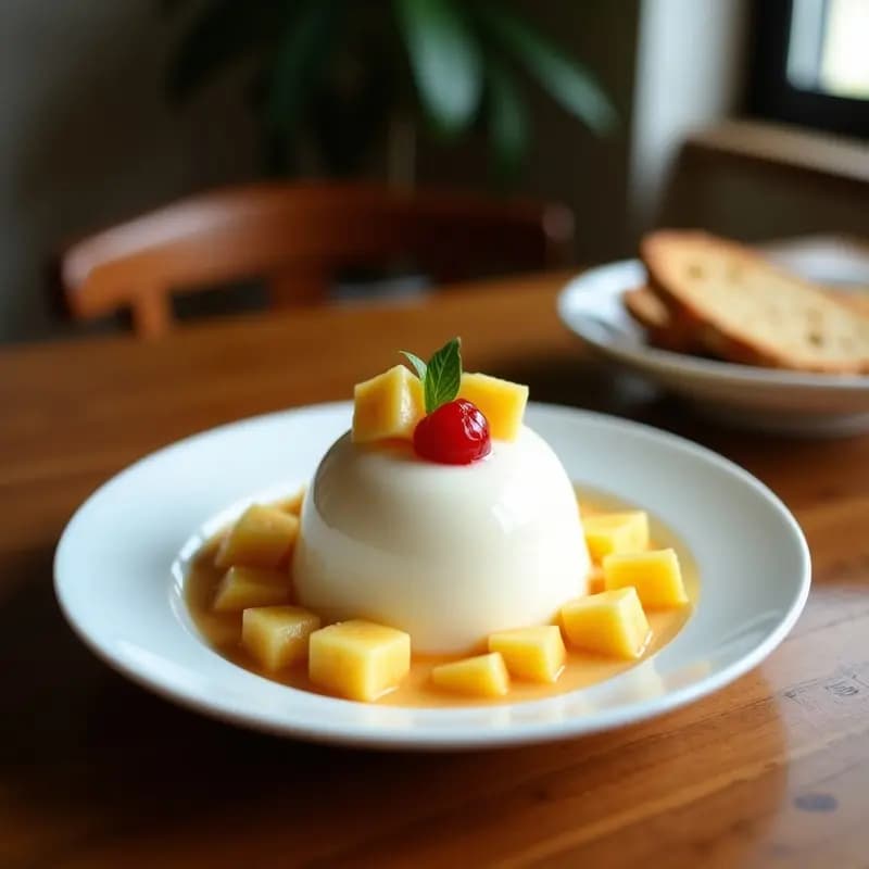 Vaso alto transparente lleno de halo-halo vegano filipino con capas de gelatina de coco, trozos de mango, piña, plátano macho y yaca, cubierto con leche de coco y coco rallado. Postre colorido y refrescante.