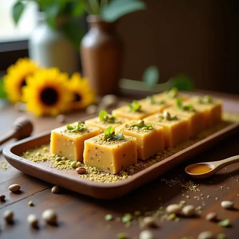 Plato rectangular de madera con halva iraní de semillas de girasol y cardamomo cortada en barras doradas, decorada con pistachos picados y un toque de cardamomo en polvo, sobre fondo rústico con especias y semillas esparcidas.
