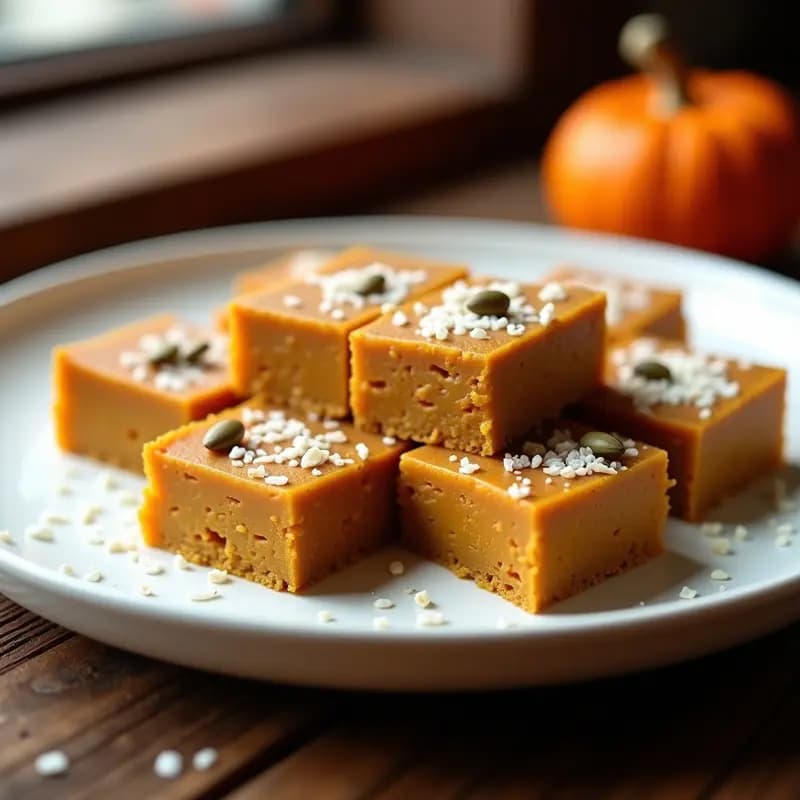 Halva persa keto de semillas de calabaza y cardamomo cortada en cuadrados sobre un plato de cerámica blanca, con textura densa y color dorado, espolvoreada con coco rallado y semillas de calabaza enteras.