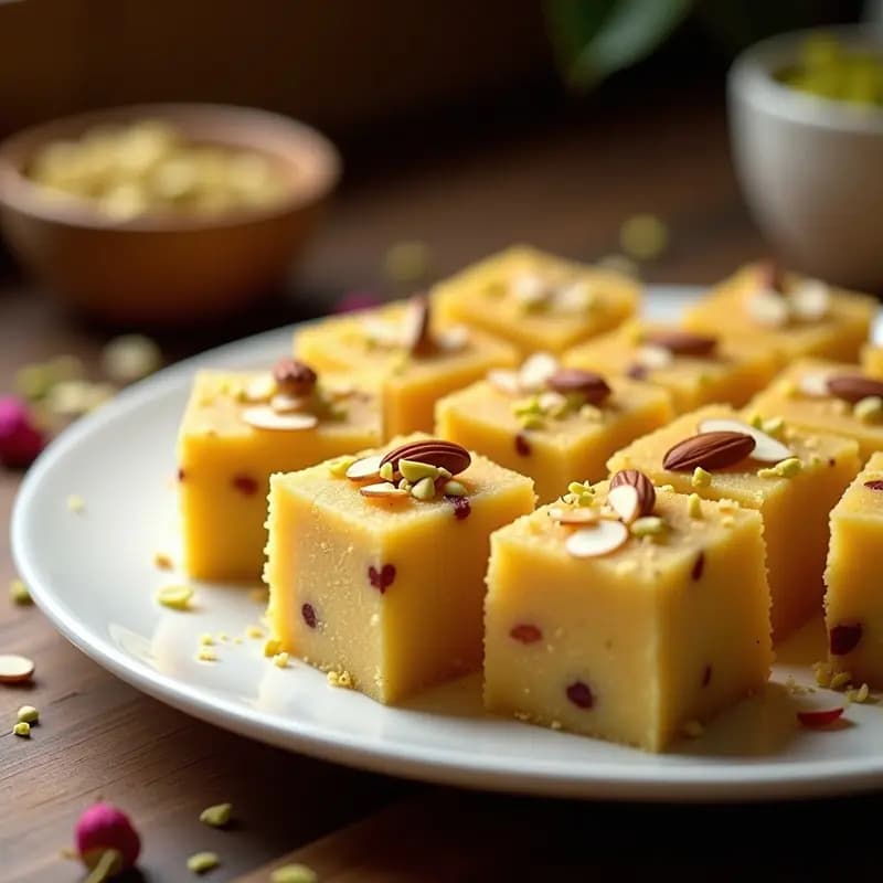 Halva de sémola dorada con cardamomo y pasas rubias, decorada con almendras fileteadas y pistachos picados, servida en un plato de barro rústico sobre fondo oscuro.