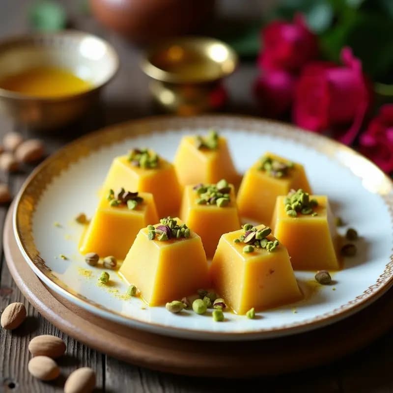 Halva de sémola y mantequilla clarificada cortada en rombos dorados, decorada con pistachos picados y semillas de sésamo sobre un plato de cerámica blanca con bordes dorados, postre indio tradicional.