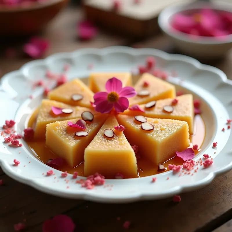 Halva irani de semola y rosa servida en un plato de porcelana blanca, con pétalos de rosa secos y almendras fileteadas por encima. Textura compacta y color dorado con toques rosados. Postre tradicional persa con agua de azahar.