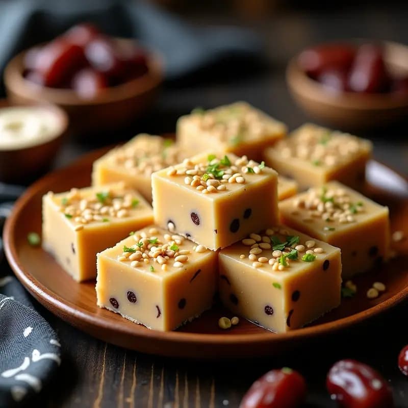 Plato de madera rústico con porciones de halva de sésamo y dátiles cortadas en barras, cubiertas de semillas de sésamo negro y blanco, postre medio oriental sin harina y alta en energía.