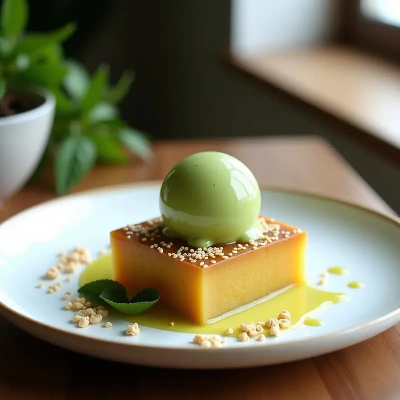 Plato elegante de porcelana blanca con una porción rectangular de halva de sésamo dorado y dátiles, acompañada de una bola de helado de té verde vibrante. Decorado con pistachos picados y un hilo de sirope oscuro. Postre fusión de Oriente Medio y Japón, sin azúcar y vegano.