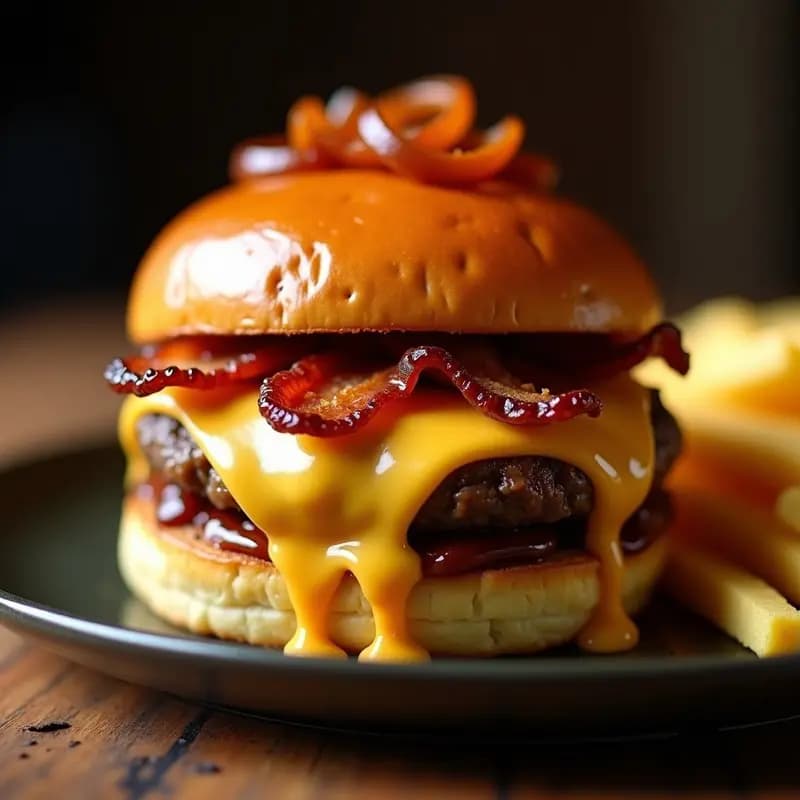 Hamburguesa de 5 quesos con panceta caramelizada servida en plato negro, con capas visibles de cheddar, emmental, gouda ahumado, mozzarella y queso azul fundidos, panceta crujiente caramelizada y cebolla morada. Pan brioche dorado y jugoso, acompañada de patatas fritas.