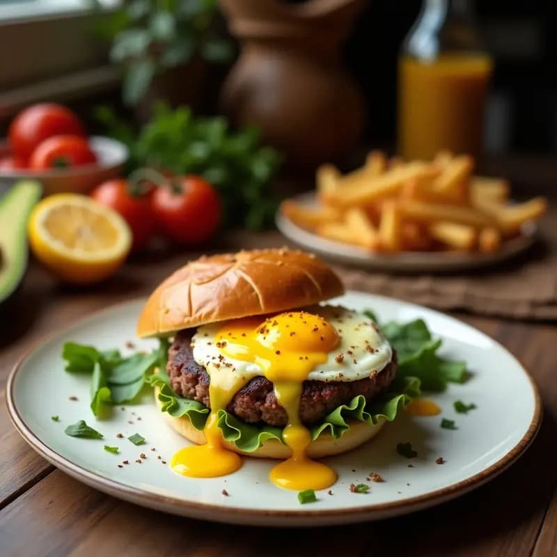 Hamburguesa vegetariana de aguacate y huevos fritos montada en pan de brioche tostado, con queso cheddar fundido, lechuga, tomate y cebolla morada, servida en plato blanco con fondo de madera.