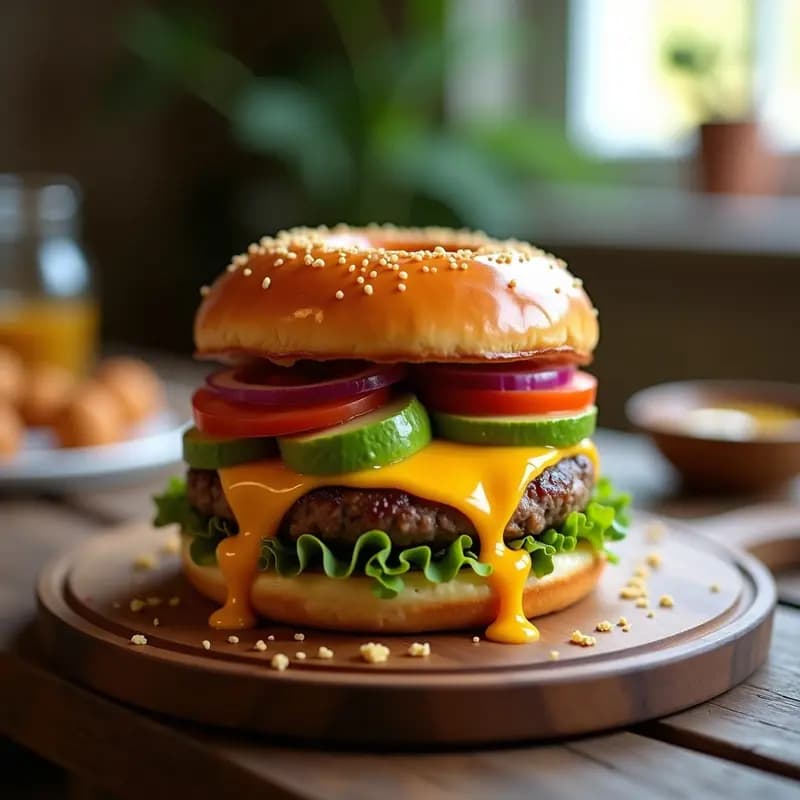 Hamburguesa de aguacate y queso con pan de donut glaseado y salsa de miel, montada con lechuga, tomate y cebolla caramelizada. Plato hipercalórico de comida rápida casera con contraste dulce y salado.