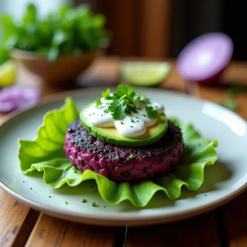 Hamburguesa keto de alubias negras y ñame morado sobre hoja de lechuga, acompañada de aguacate y salsa de yogur griego, con fondo rústico de madera.