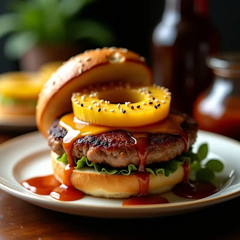 Hamburguesa de cerdo jugosa con anillo de piña dorada y queso fundido, bañada en salsa teriyaki brillante, servida en pan brioche con cebolla morada caramelizada y semillas de sésamo, receta de hamburguesa con piña y teriyaki.