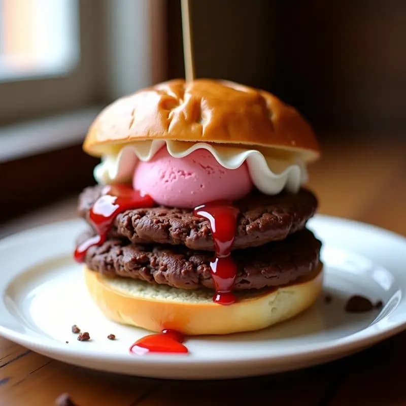 Hamburguesa de postre con pan brioche dorado, rellena de capas de chocolate fundido, galletas trituradas y helado de fresa asomando, decorada con nata montada y mermelada de fresa, sobre un plato blanco con fondo desenfocado.