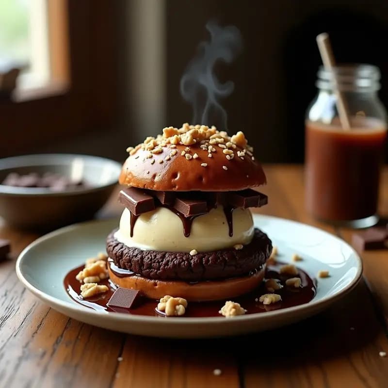 Hamburguesa de postre con pan de brownie oscuro, rellena de helado de vainilla cremoso, trozos de chocolates negro, con leche y blanco, nueces picadas y bañada en sirope de chocolate brillante. Postre hipercalórico en forma de comida rápida.